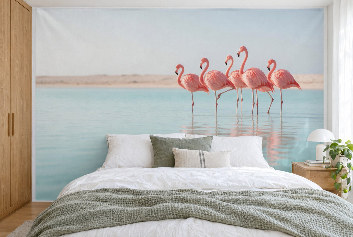 Bedruckter Stoff im XXL-Format: fünf Flamingos rechts im Lagunenwasser, Sandstreifen dahinter, wandfüllend hinter dem Bett
