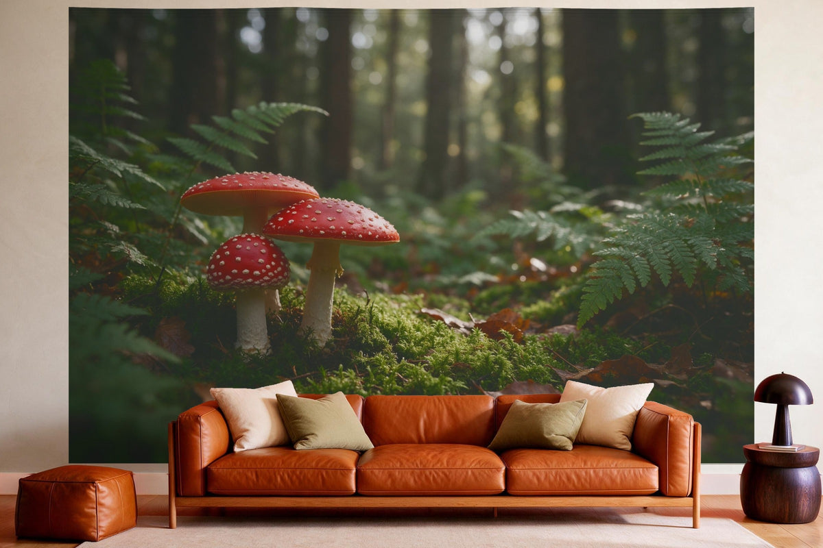 Wandtuch XXL Fliegenpilze im Moos als Wanddeko im gemütlichen Wohnzimmer über dem Ledersofa