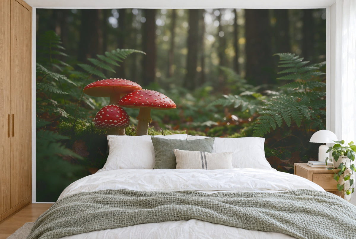 XXL printed fabric: three fly agarics left on moss, fern fronds right in the forest, filling the wall behind the bed