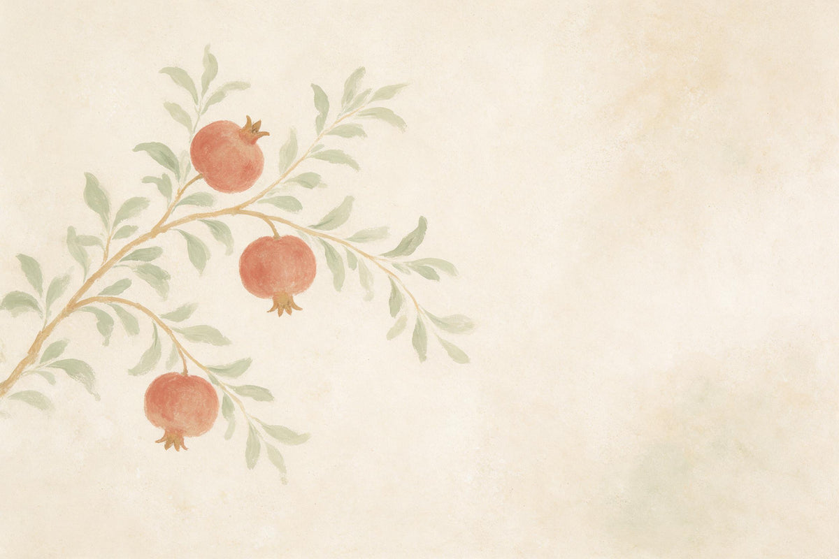 Fresco with a pomegranate branch, three red fruits and green leaves at left, tapestry printed on fabric – red and green