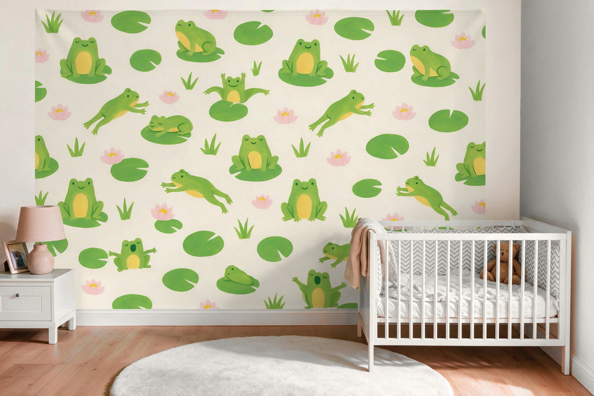 Tapiz de pared XXL Ranas como estampado como decoración en la habitación del bebé sobre la cuna