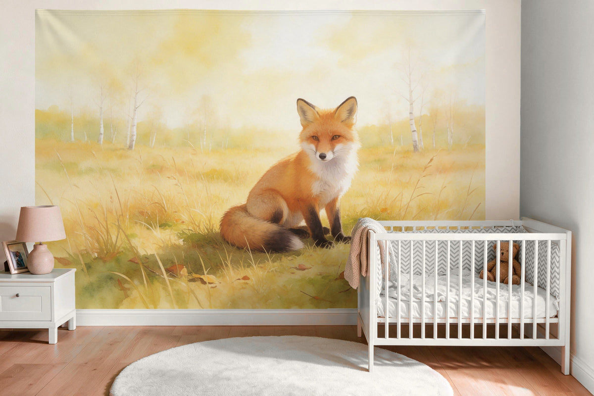 Wall decor in the nursery above the crib: printed fabric tapestry Fox in the Autumn Meadow in Watercolor