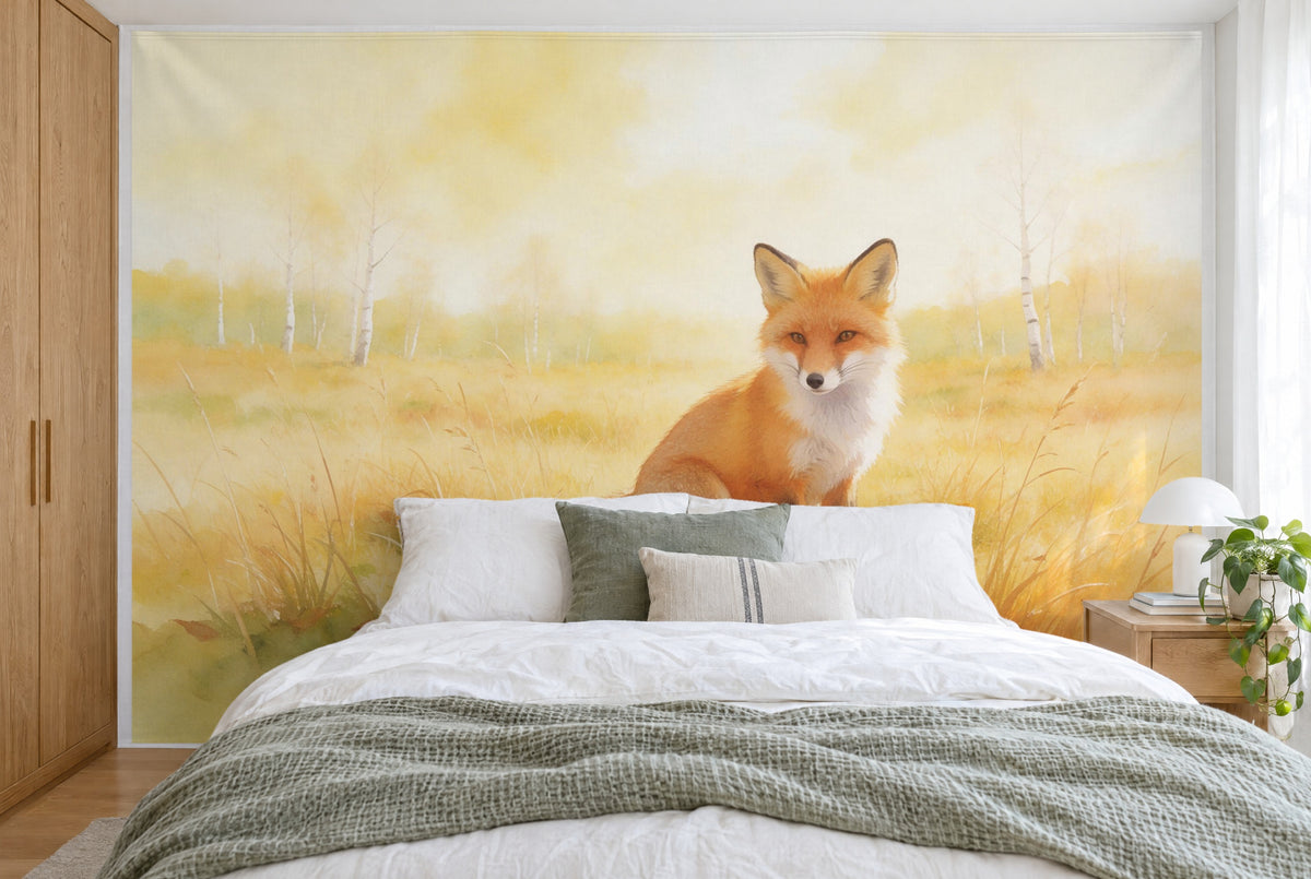 Large wall hanging Fox in the Autumn Meadow in Watercolor in the bedroom, wall-filling behind the bed – printed tapestry