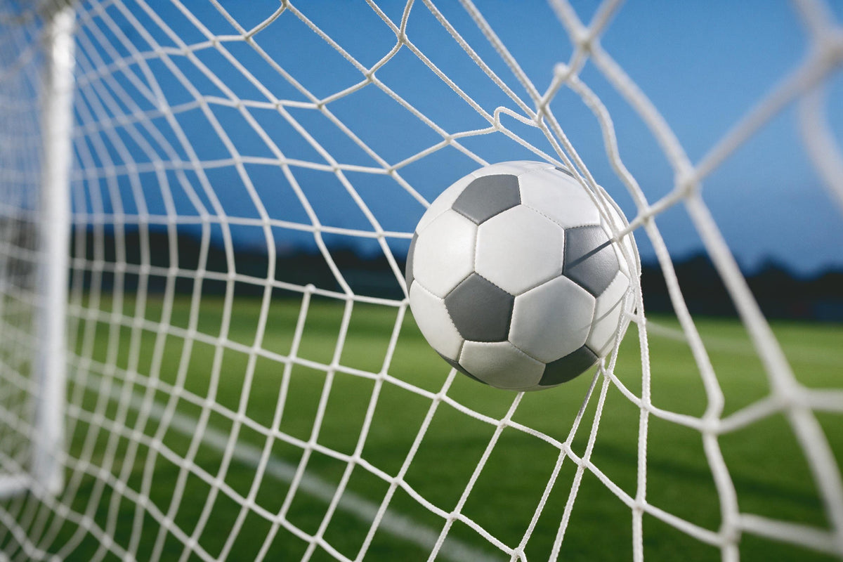 Fussball im Tornetz rechts der Mitte vor grünem Rasen und blauem Himmel, als Wandtuch, auf Stoff gedruckt – Grün und Blau