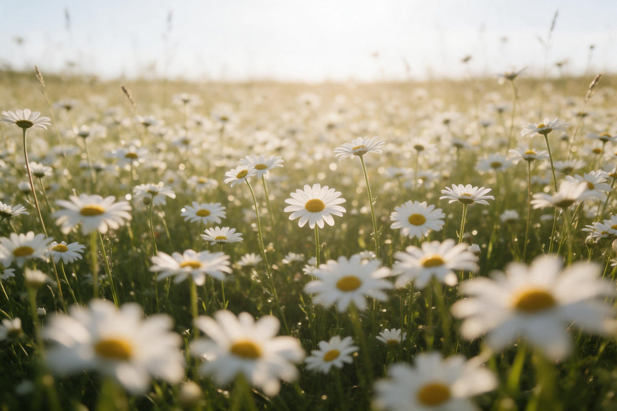 Prado de margaritas a cálido contraluz con flores desenfocadas delante, tapiz impreso en tela – blanco y verde