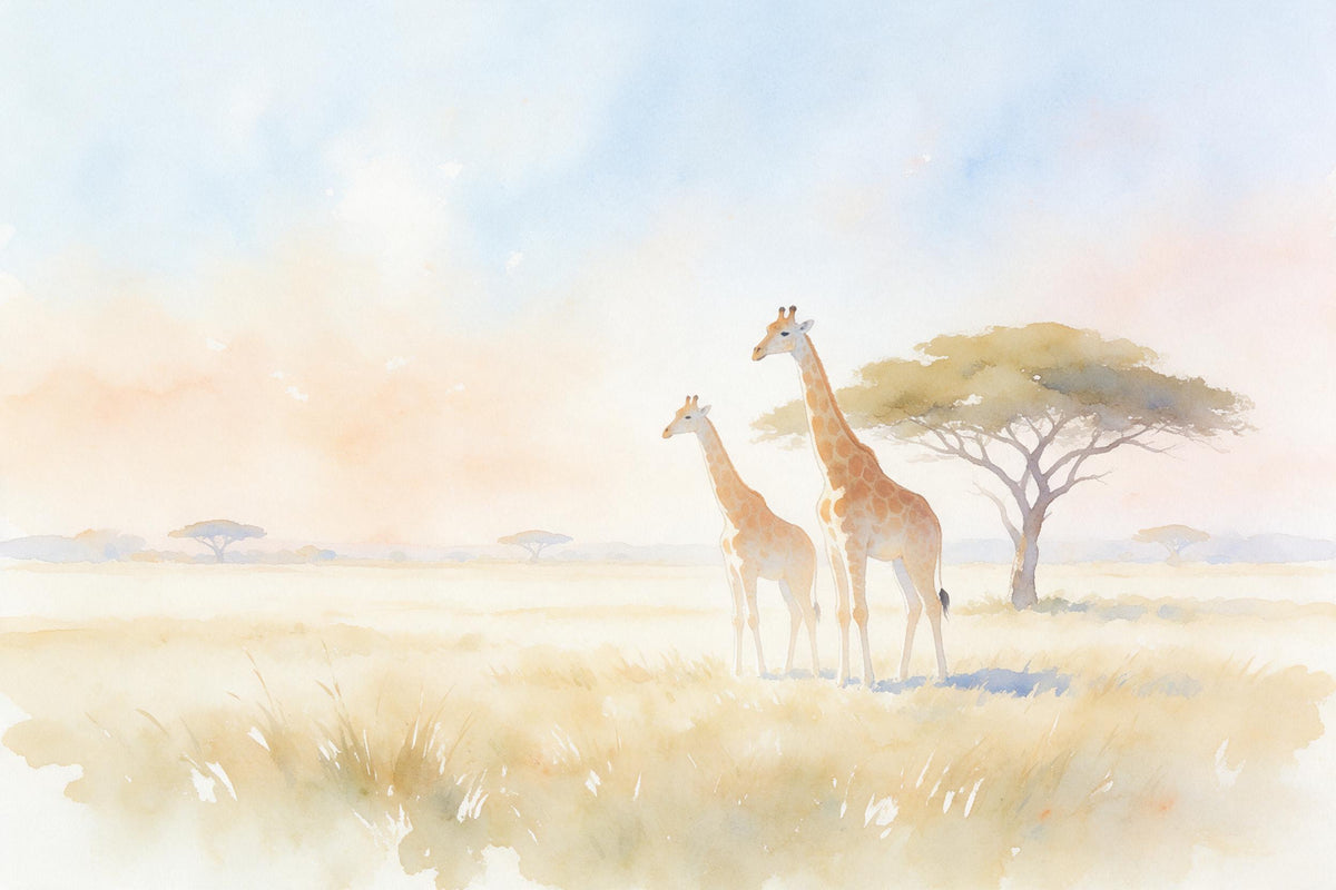 Two giraffes beside an acacia in a pale watercolor savanna under a soft morning sky, tapestry printed on fabric