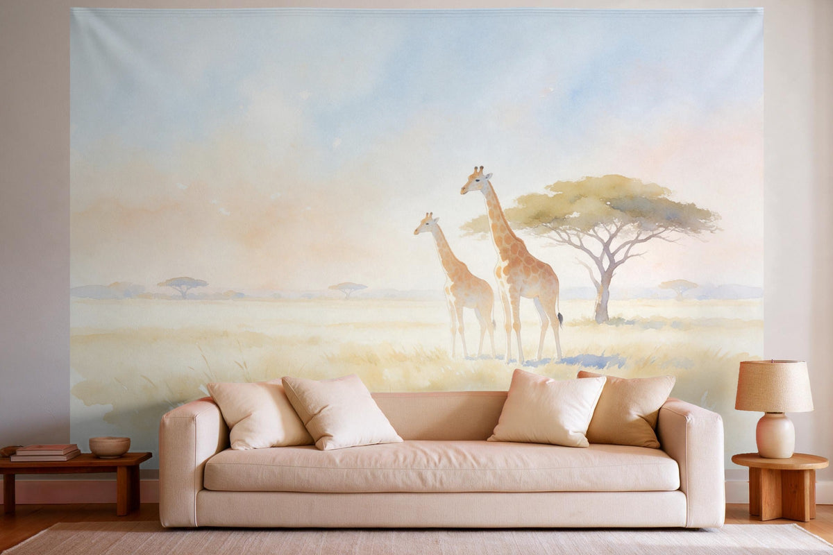 XXL wall tapestry Giraffes Under Acacias in Watercolor as wall decor in a bright living room above the sofa