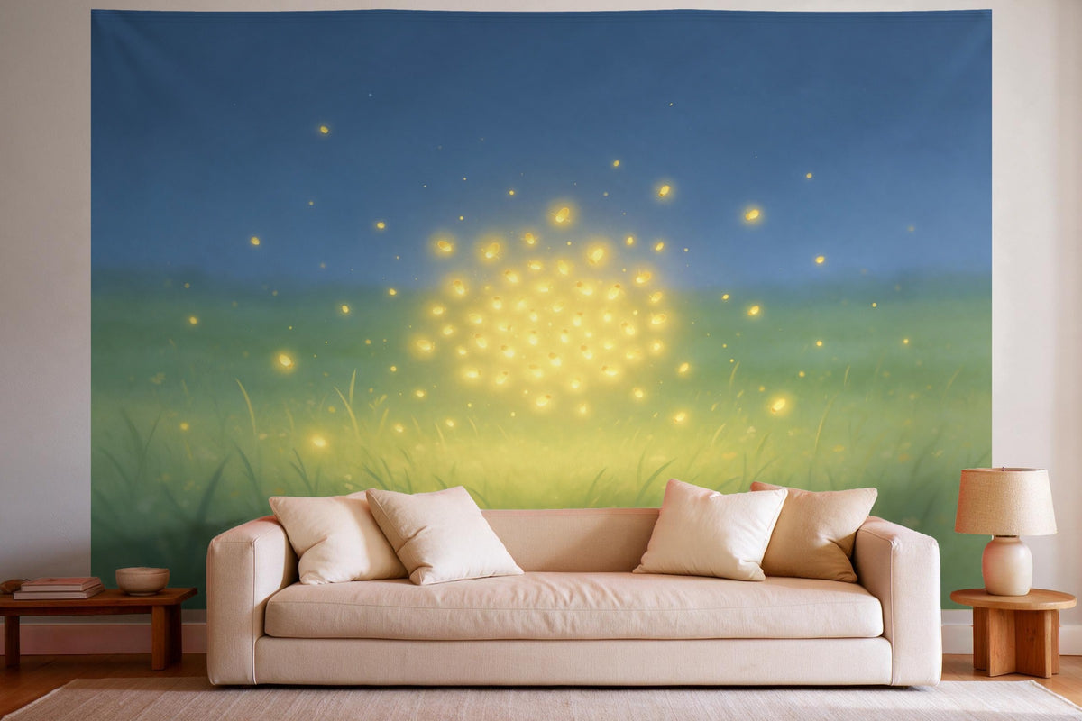 Wanddeko im hellen Wohnzimmer über dem Sofa: Wandtuch Glühwürmchen über der Sommerwiese, auf Stoff gedruckt