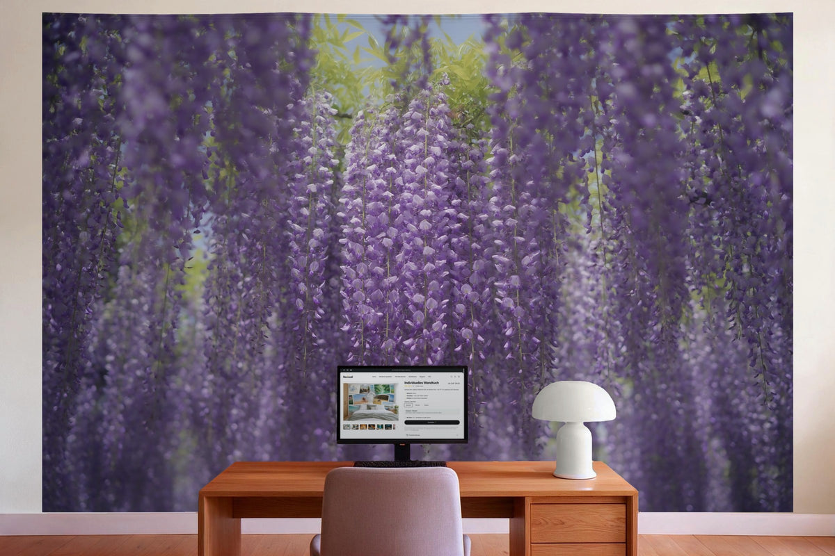 Wall decor in a home office behind the desk: printed fabric tapestry Wisteria Flower Curtain