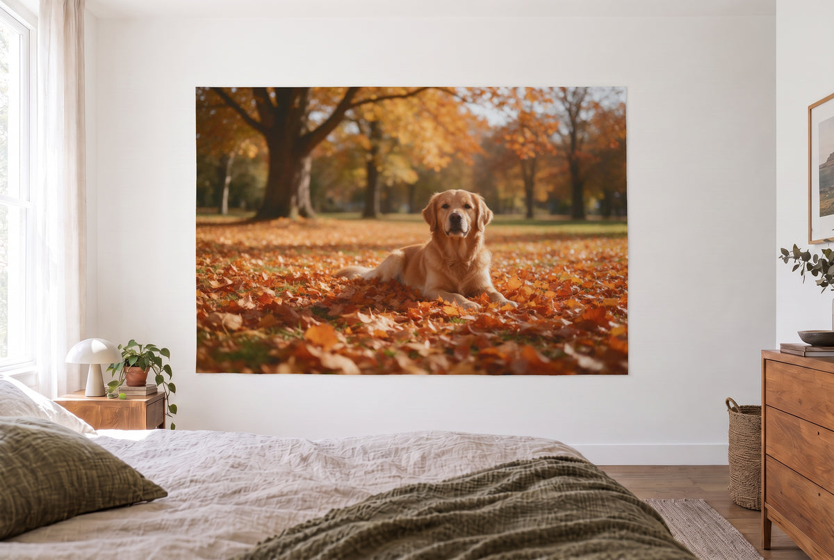 Golden retriever autumn leaves tapestry in a bright bedroom opposite the bed, wooden dresser on the right – gold and orange