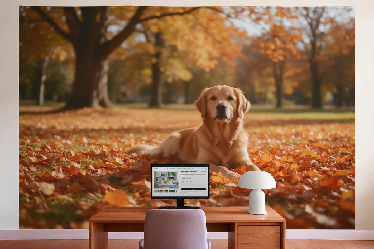 Decoración de pared en la oficina detrás del escritorio: tapiz de tela Golden retriever en las hojas de otoño