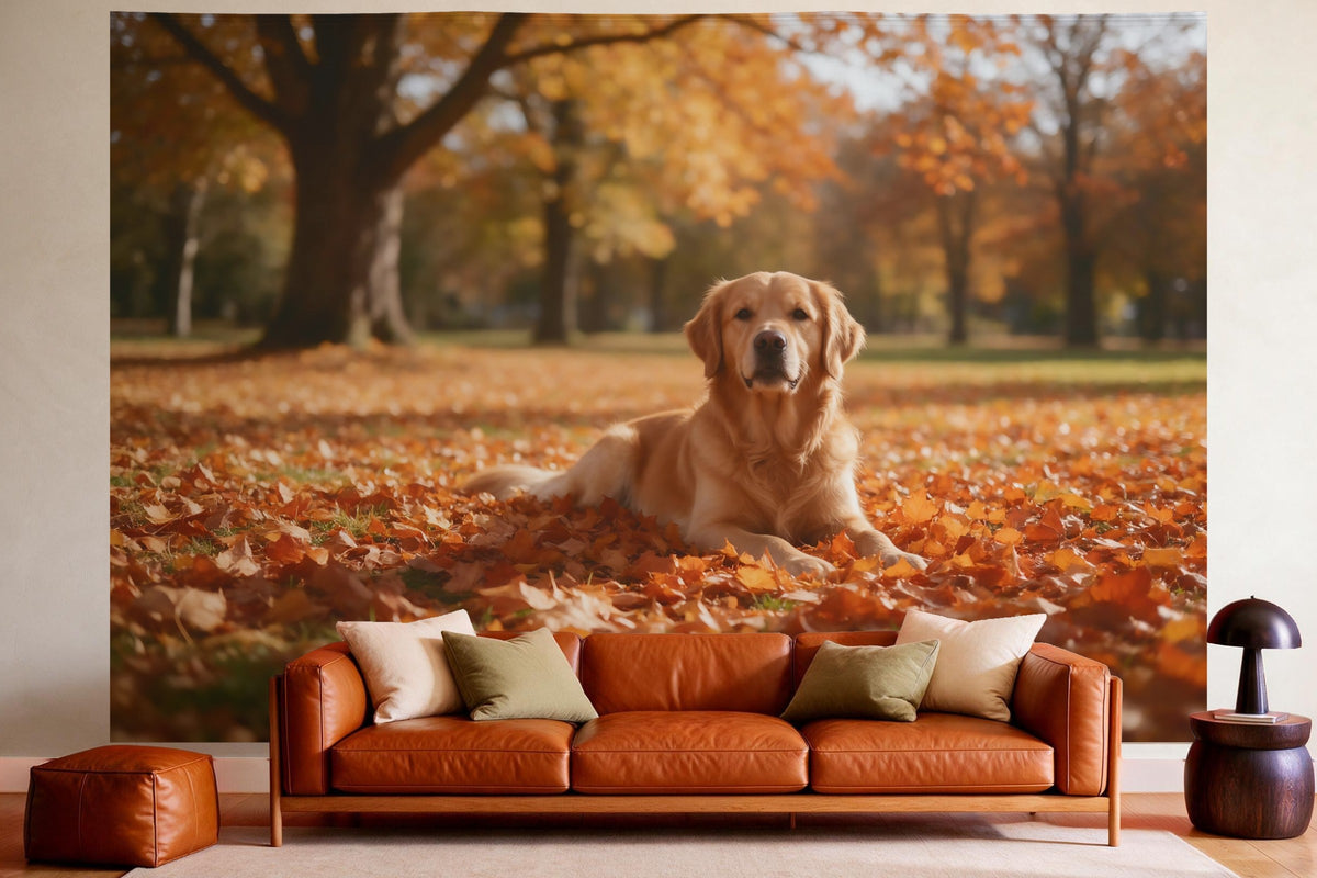 Tapiz de pared XXL Golden retriever en las hojas de otoño como decoración en un salón acogedor sobre el sofá de cuero