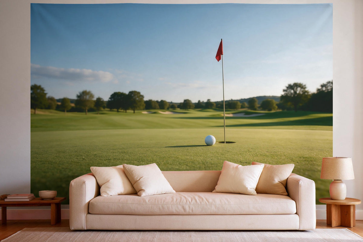 Tapiz de pared XXL Pelota de golf junto al hoyo como decoración en un salón luminoso sobre el sofá