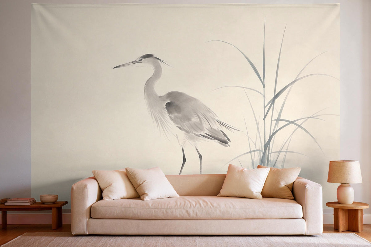 XXL wall tapestry Grey Heron in the Reeds as wall decor in a bright living room above the sofa