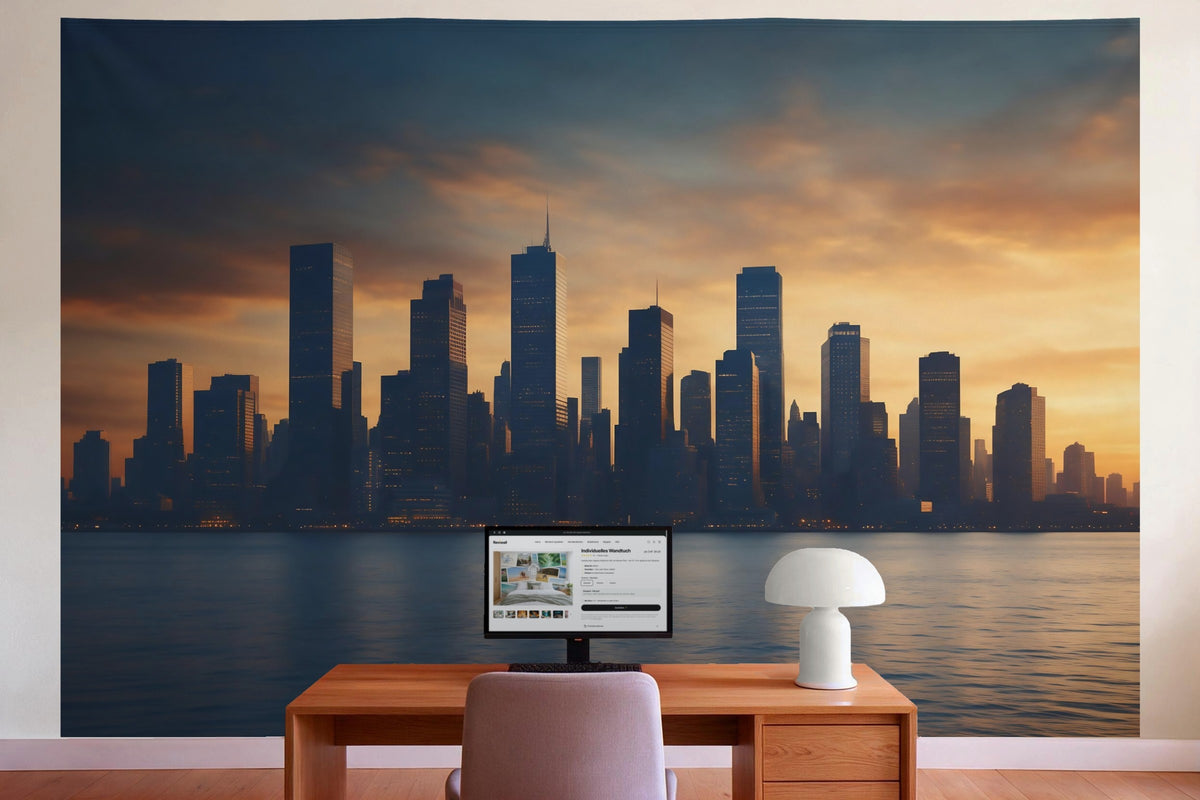 Wandtuch XXL Grossstadt-Skyline in der Abenddämmerung als Wanddeko im Büro hinter dem Schreibtisch