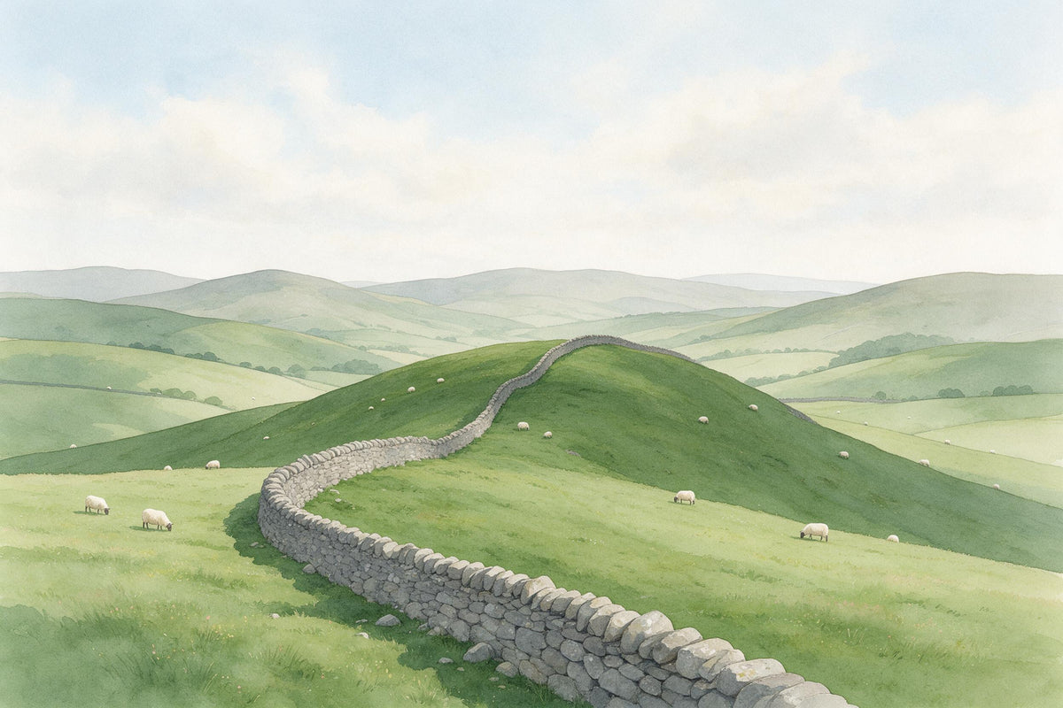 Landschaft mit grünen Hügeln, über die sich eine graue Steinmauer zieht, als Wandtuch, auf Stoff gedruckt – Grün und Grau