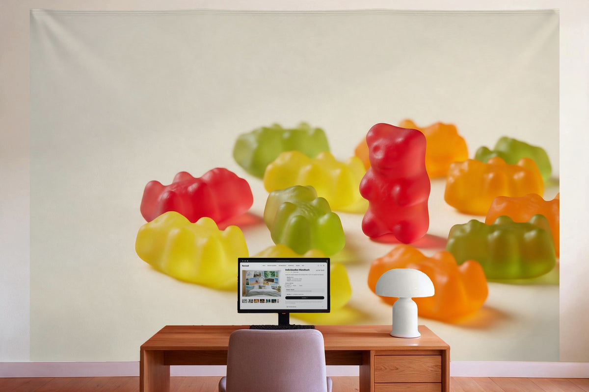 Wanddeko im Büro hinter dem Schreibtisch: Wandtuch Bunte Gummibärchen, auf Stoff gedruckt