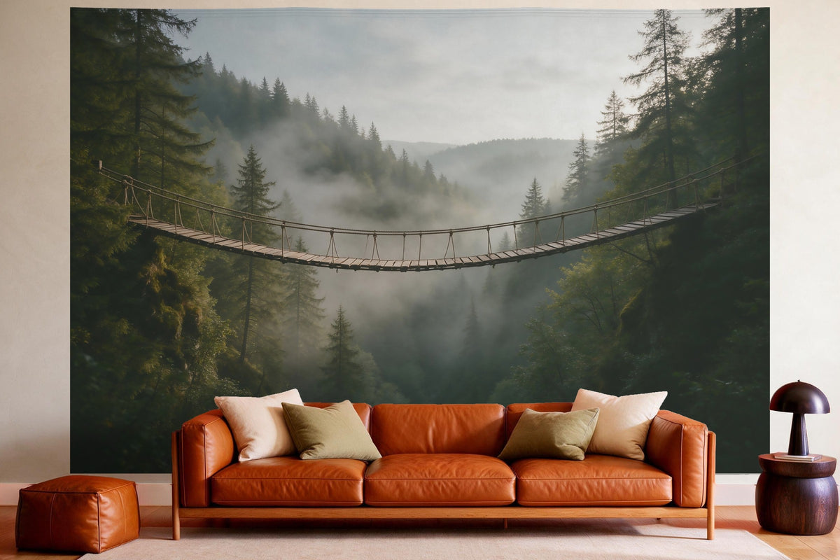 Tapiz de pared XXL Puente colgante en la niebla como decoración en un salón acogedor sobre el sofá de cuero