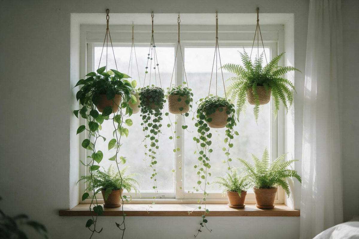 Hanging plants with long tendrils before a bright window, ferns on the sill, tapestry printed on fabric – green and white