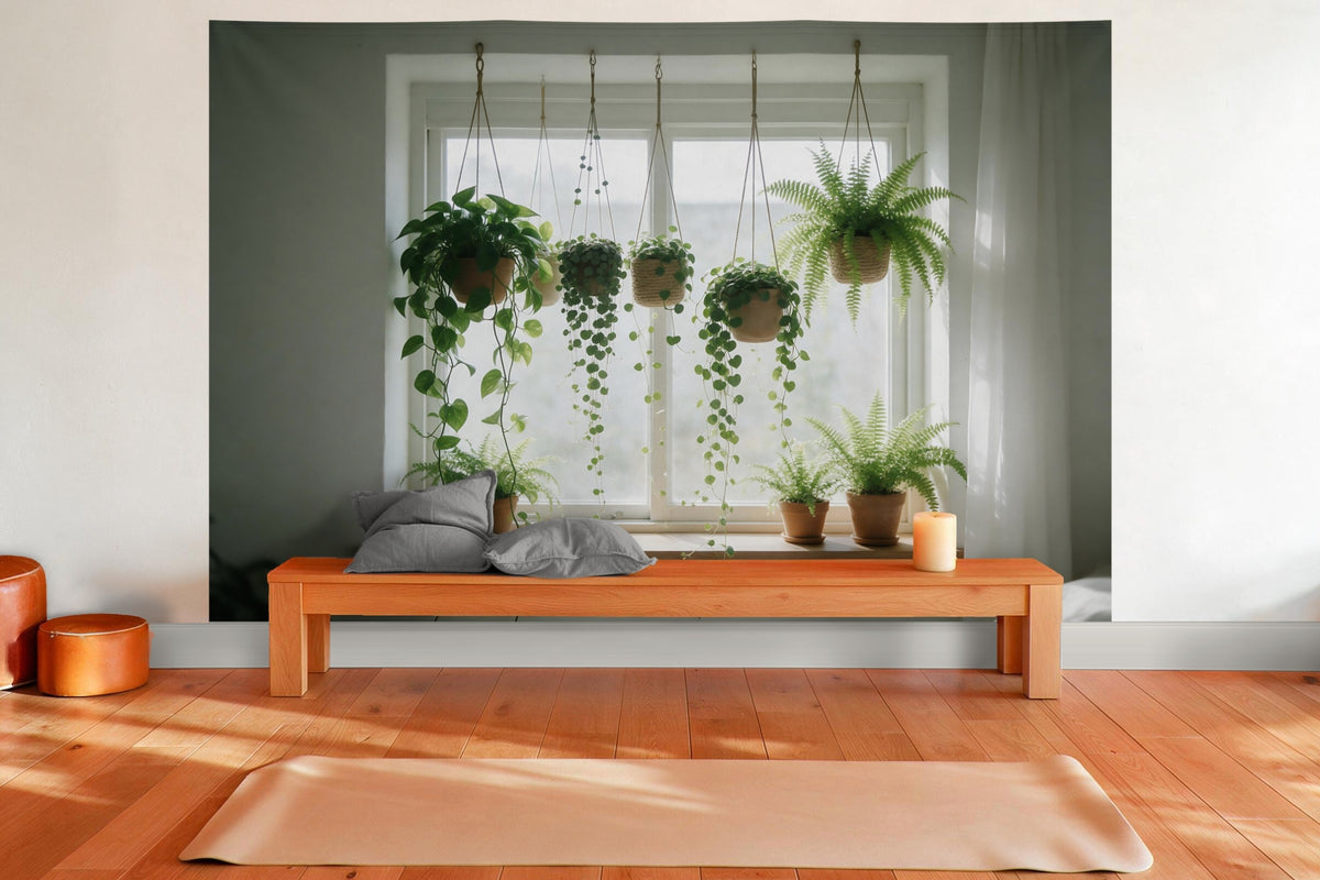 Decoración de pared en una sala de yoga: tapiz de tela Plantas colgantes en la ventana