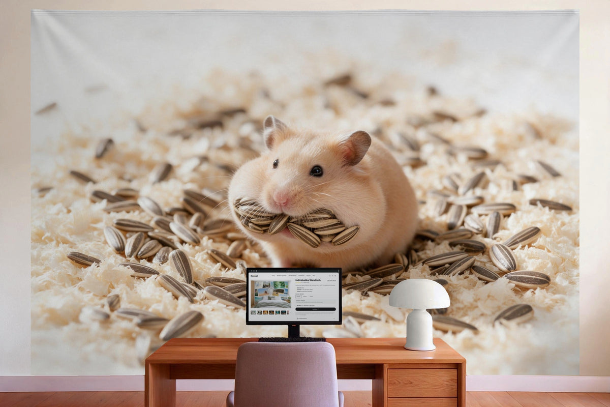 Wanddeko im Büro hinter dem Schreibtisch: Wandtuch Hamster mit vollen Backen, auf Stoff gedruckt