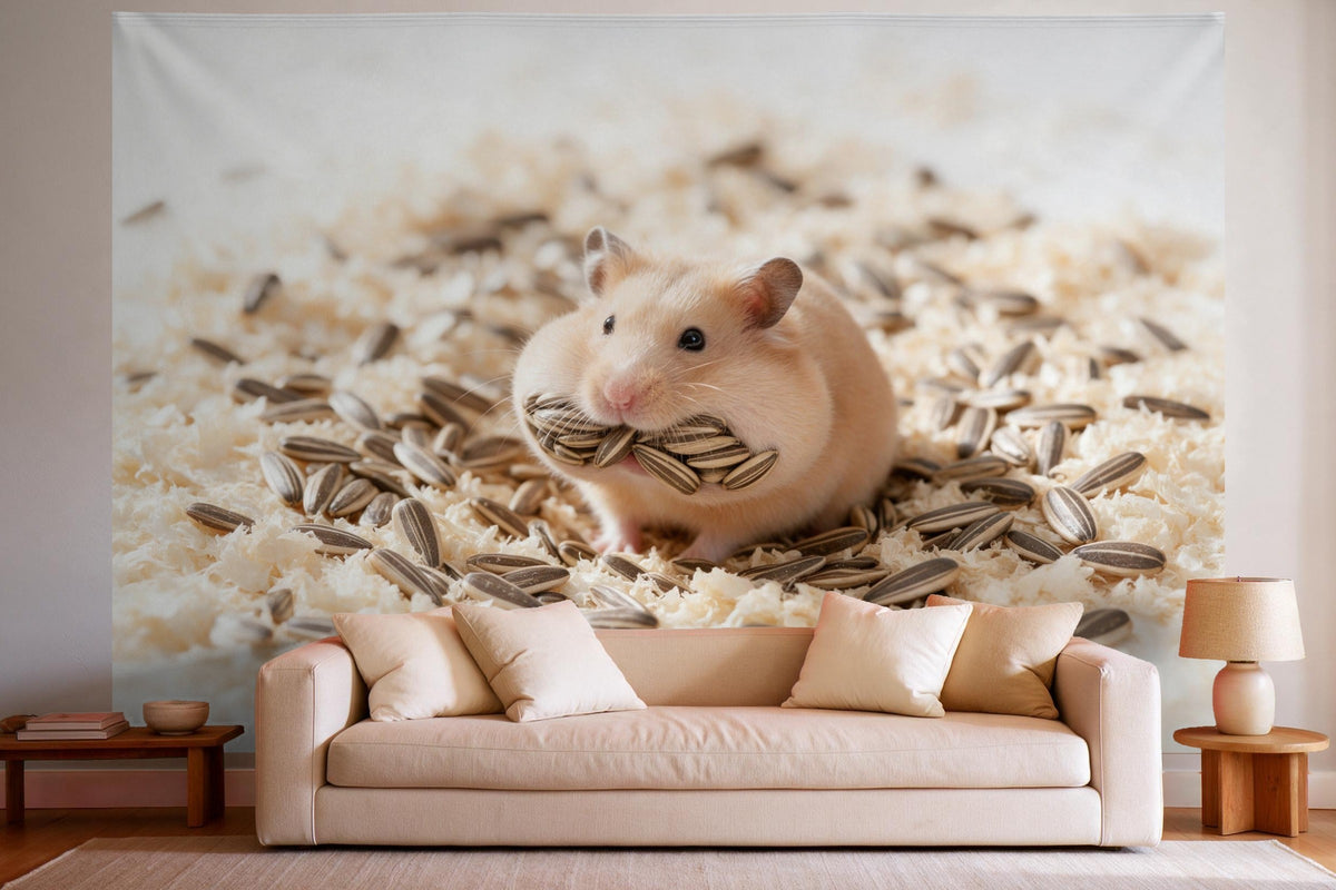 Wandtuch XXL Hamster mit vollen Backen als Wanddeko im hellen Wohnzimmer über dem Sofa