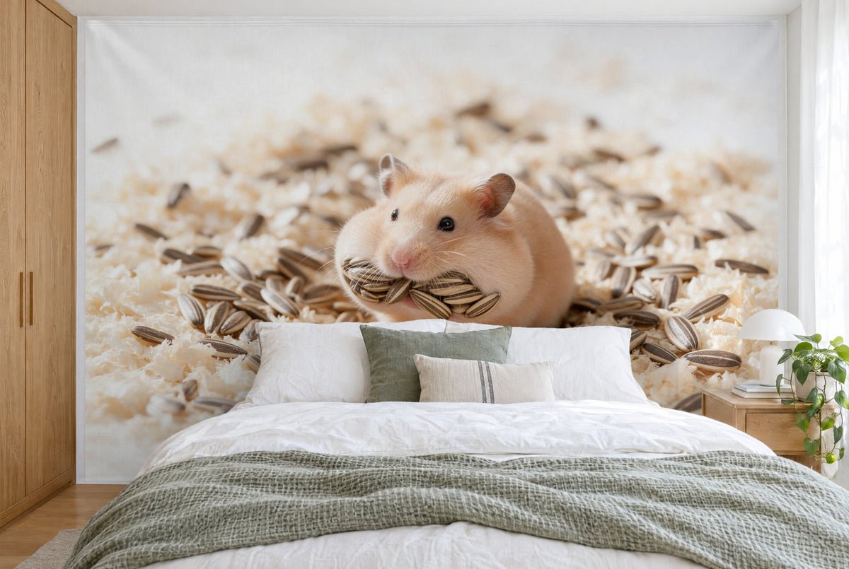 Bedruckter Stoff im XXL-Format: Goldhamster mit vollen Backen mittig zwischen Kernen, wandfüllend hinter dem Bett
