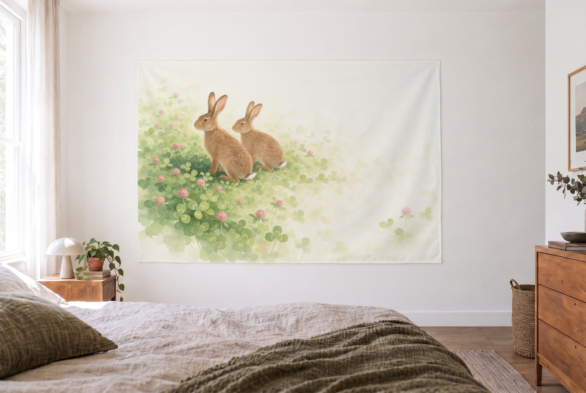 Hares in clover tapestry in the bright bedroom opposite the bed, wooden dresser at right – green, brown and pink