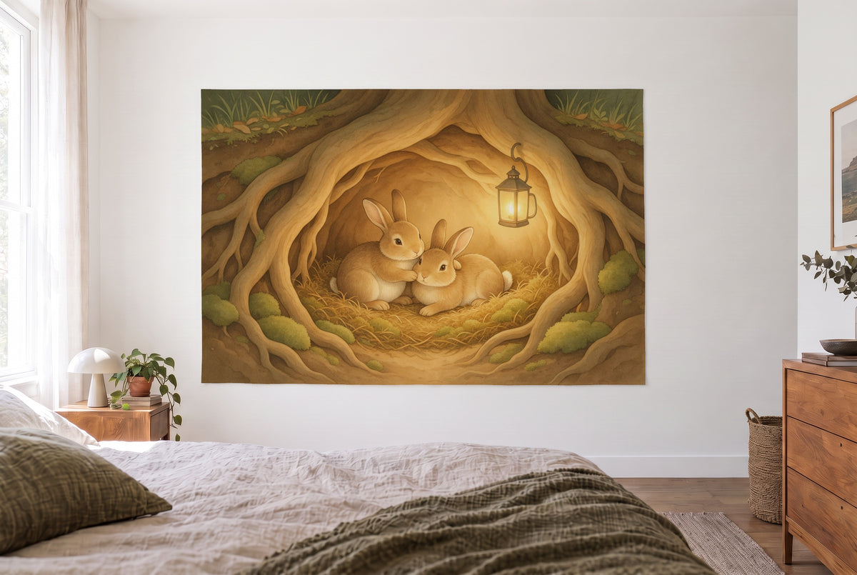 Rabbit burrow under tree roots tapestry in a bright bedroom opposite the bed, wooden dresser on the right – brown and yellow