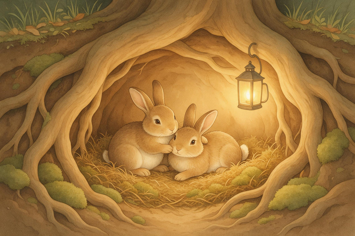 Two rabbits cuddling in a burrow between tree roots with moss and a lantern, tapestry printed on fabric – brown and green