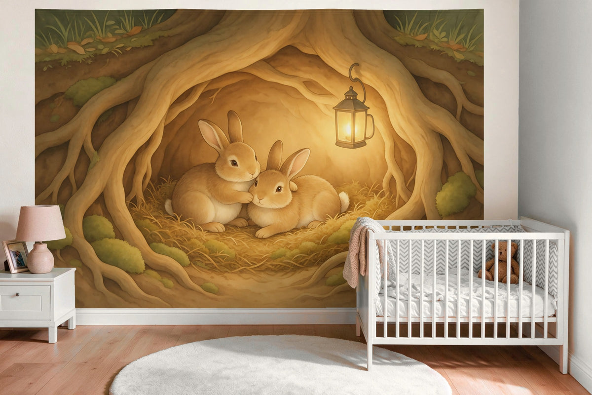 Tapiz de pared XXL Madriguera de conejos bajo raíces de árbol como decoración en la habitación del bebé sobre la cuna