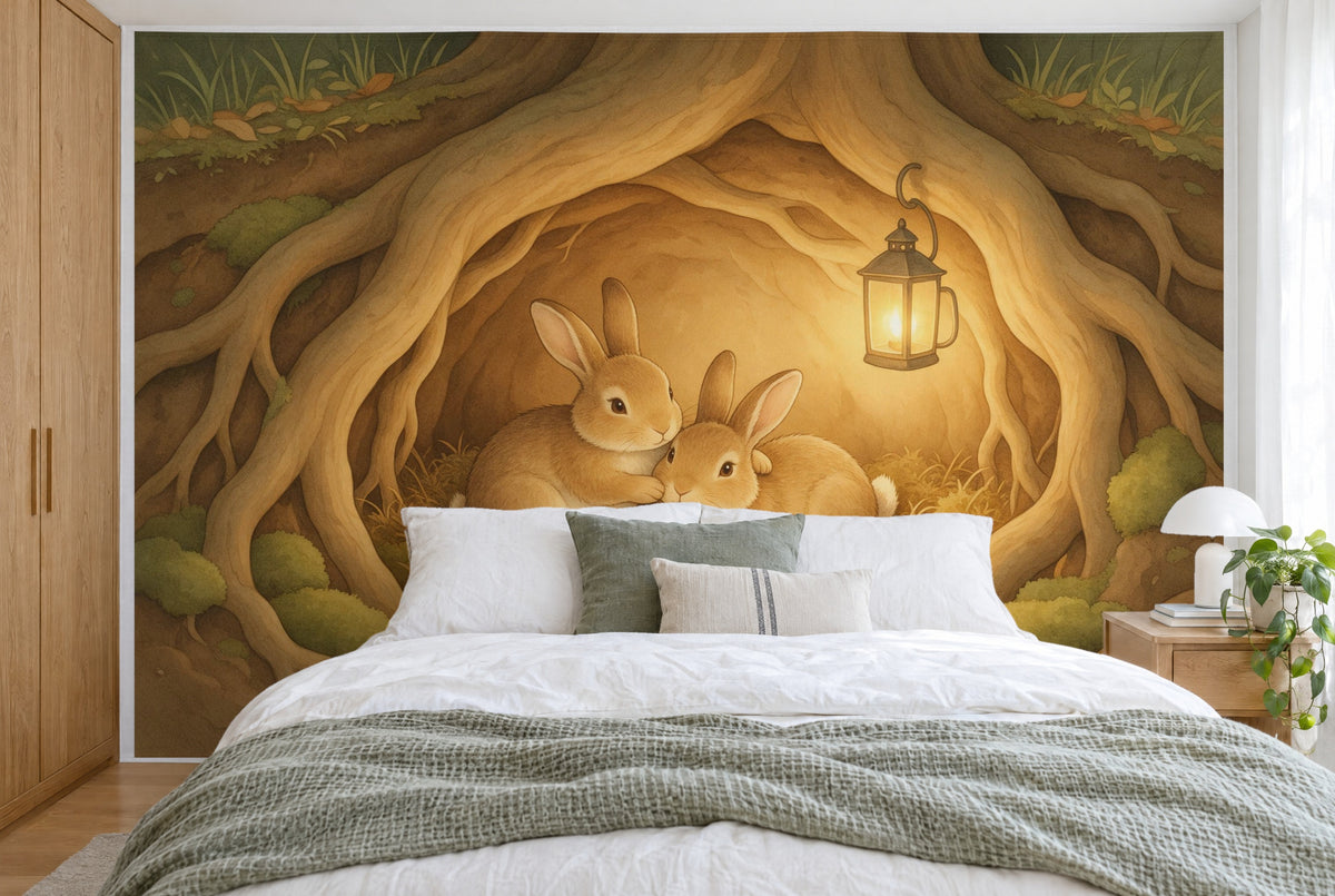 XXL printed fabric: two rabbits in the centre of the root burrow, a lantern on the right, full wall behind the bed
