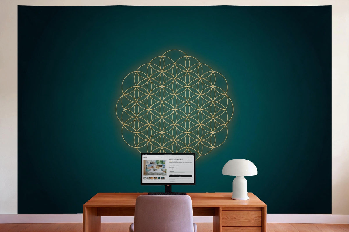 Decoración de pared en la oficina detrás del escritorio: tapiz de tela Geometría sagrada Flor de la vida