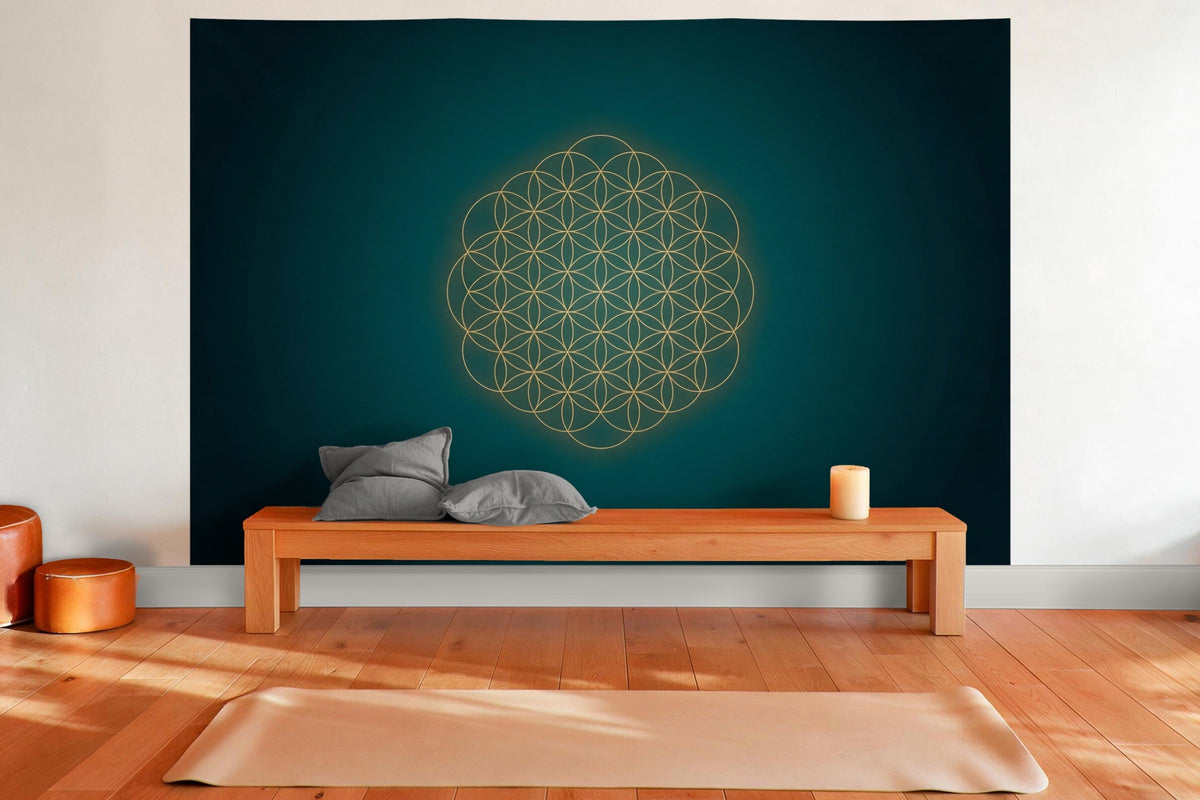Tapiz de pared XXL Geometría sagrada Flor de la vida como decoración en una sala de yoga