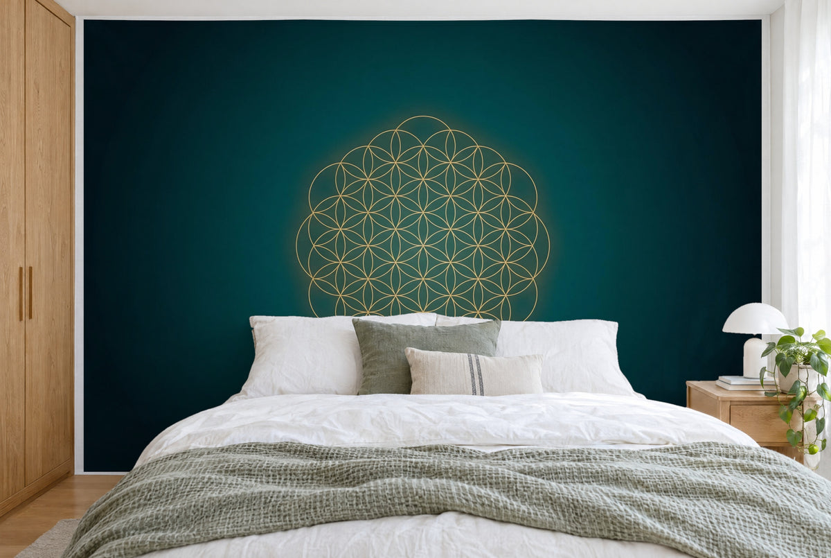 Tapiz de pared grande Geometría sagrada Flor de la vida en el dormitorio, cubriendo la pared detrás de la cama – tela impresa