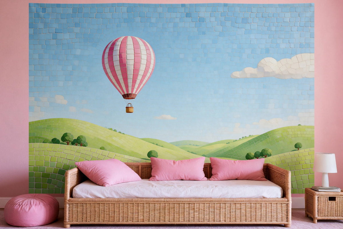 Tapiz de pared XXL Globo aerostático en mosaico como decoración en un dormitorio de niña