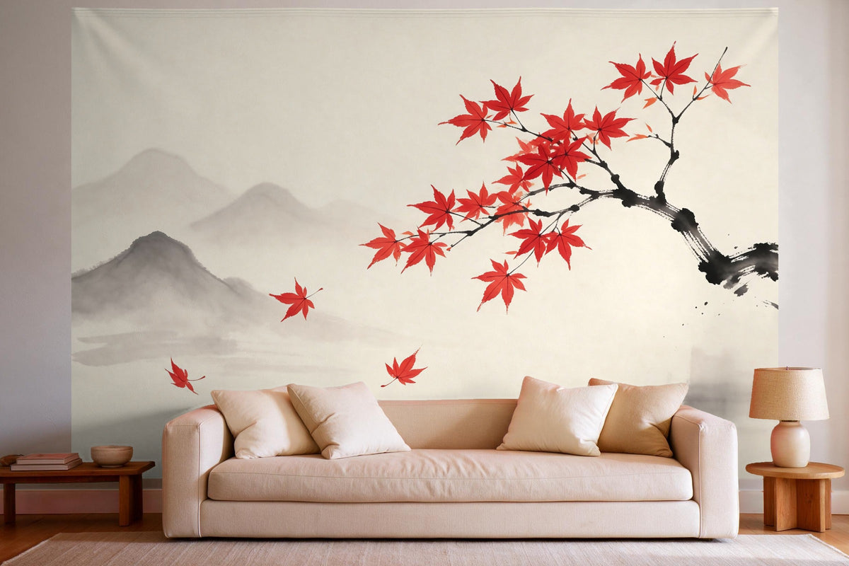 Tapiz de pared XXL Arce otoñal en tinta como decoración en un salón luminoso sobre el sofá