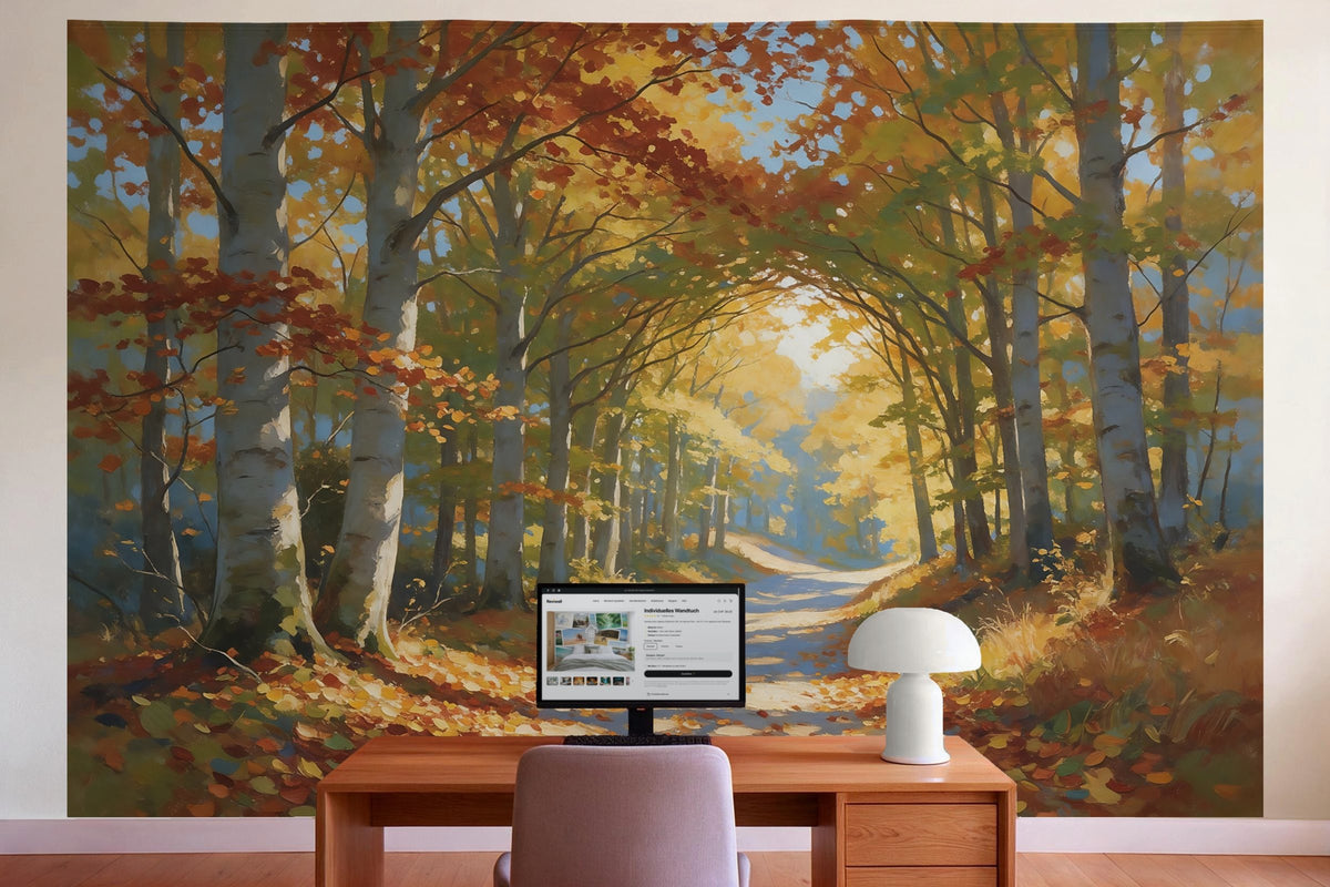 Wanddeko im Büro hinter dem Schreibtisch: Wandtuch Herbstwald mit Waldweg als Ölgemälde, auf Stoff gedruckt