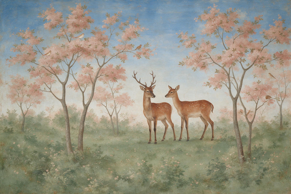 Zwei Hirsche zwischen rosa Blütenbäumen unter blauem Himmel im Freskolook, als Wandtuch, auf Stoff gedruckt – Grün und Rosa