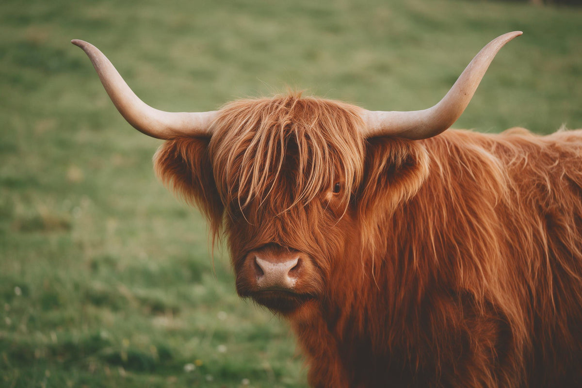 Shaggy highland cow with curved horns in front of a green pasture, tapestry printed on fabric – rust brown and green