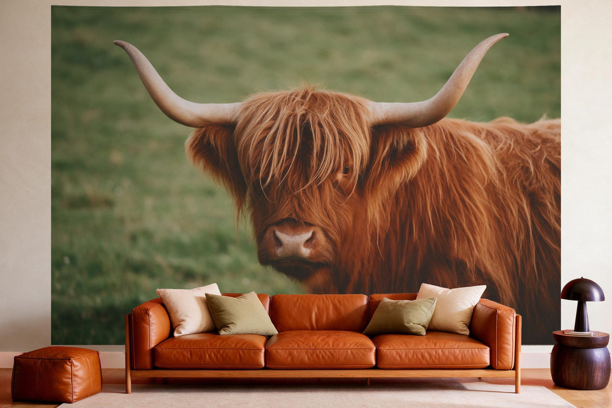 Wandtuch XXL Hochlandrind im Porträt als Wanddeko im gemütlichen Wohnzimmer über dem Ledersofa