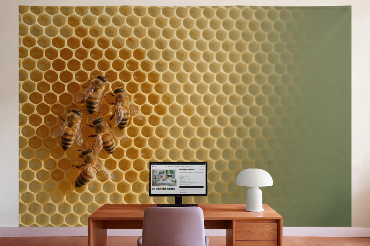 Wanddeko im Büro hinter dem Schreibtisch: Wandtuch Honigbienen auf der Wabe, auf Stoff gedruckt