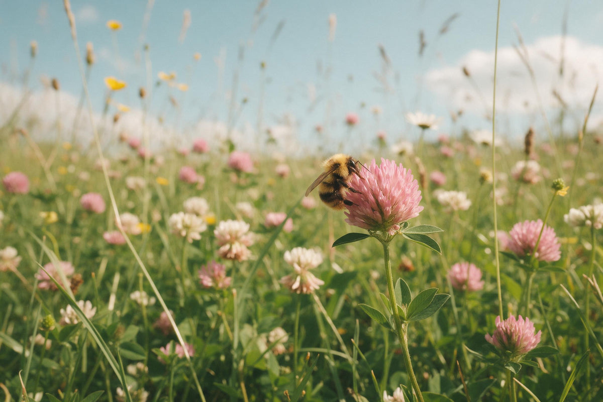 Hummel an einer rosa Kleeblüte rechts der Mitte in blühender Sommerwiese, als Wandtuch, auf Stoff gedruckt – Rosa und Grün
