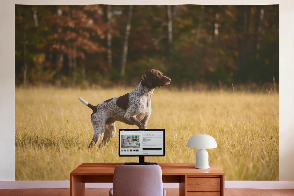 Wall decor in a home office behind the desk: printed fabric tapestry Hunting Dog in Autumn Grass