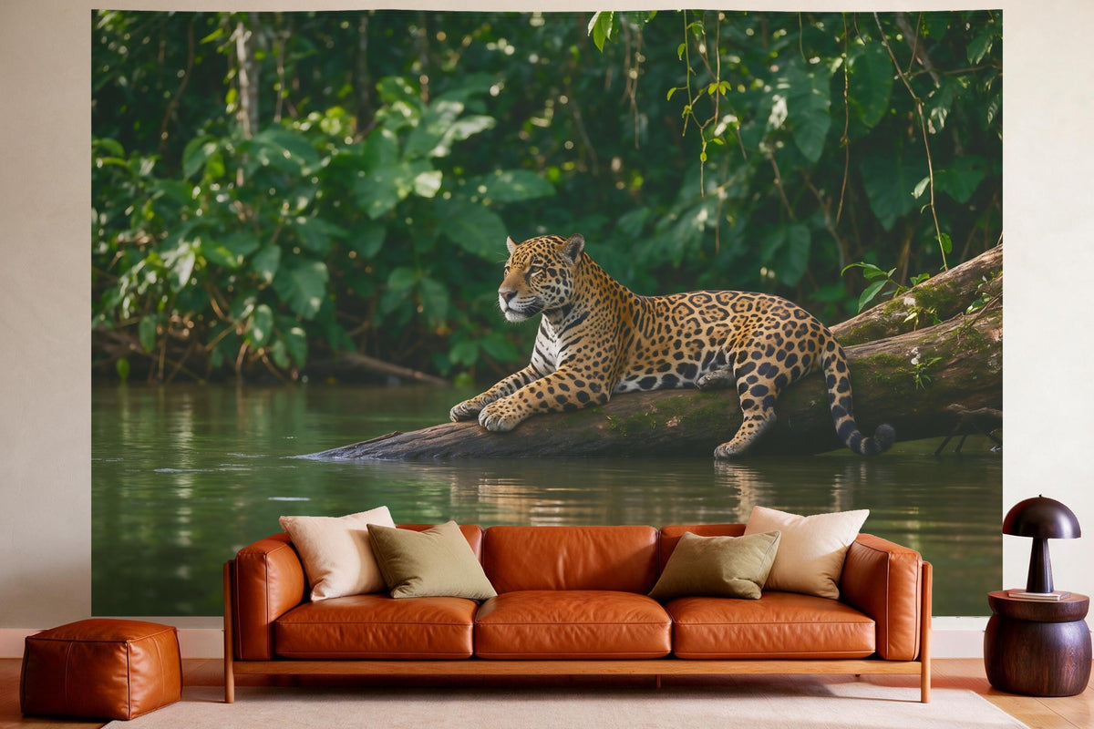 XXL wall tapestry Jaguar on the Riverbank as wall decor in a cosy living room above the leather sofa