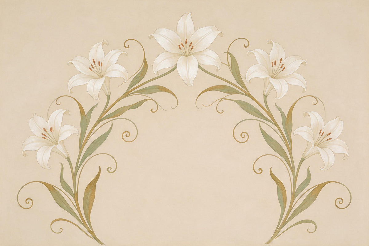 Jugendstil-Lilien: fünf weisse Lilien im Bogen mit goldenen Ranken auf Beige, als Wandtuch, auf Stoff gedruckt – Grün, Gold