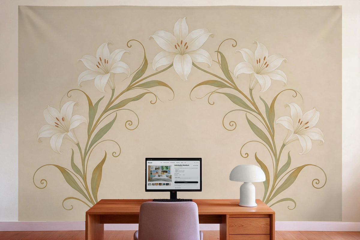 Tapiz de pared XXL Lirios Art Nouveau como ornamento como decoración en la oficina detrás del escritorio