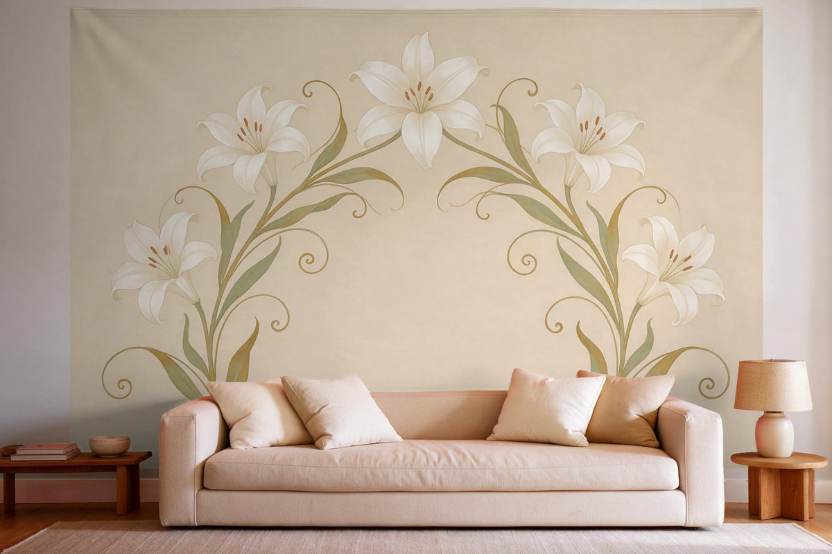 Decoración de pared en un salón luminoso sobre el sofá: tapiz de tela Lirios Art Nouveau como ornamento
