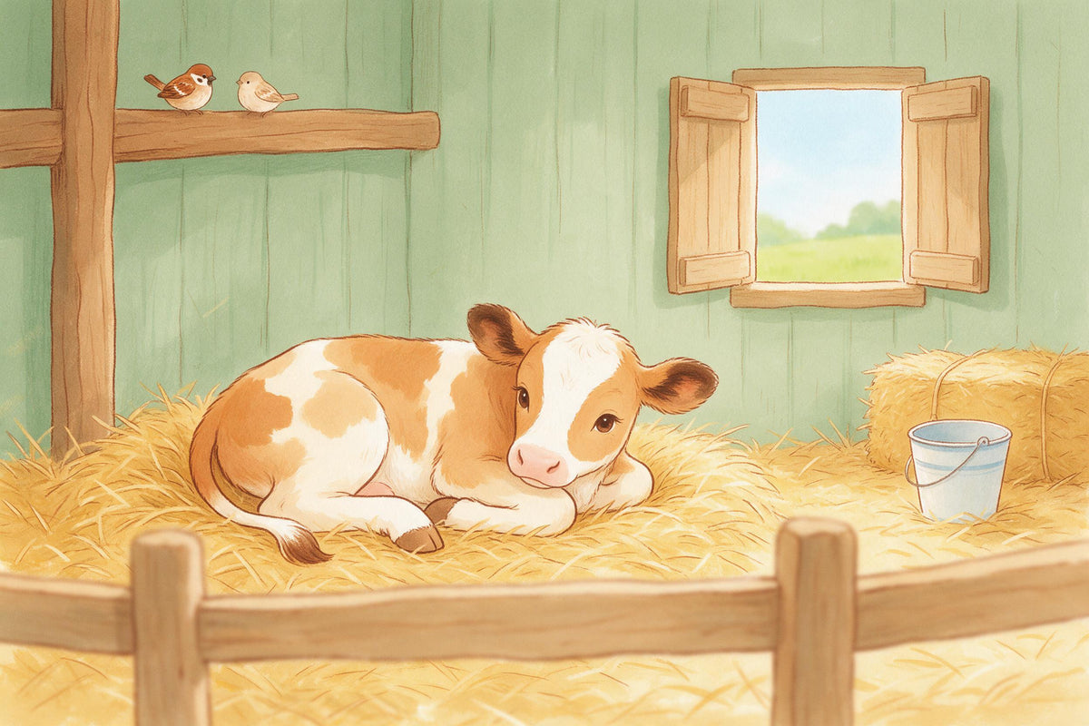 Brown and white calf lying in the golden straw of a sage green barn, tapestry printed on fabric – brown and green
