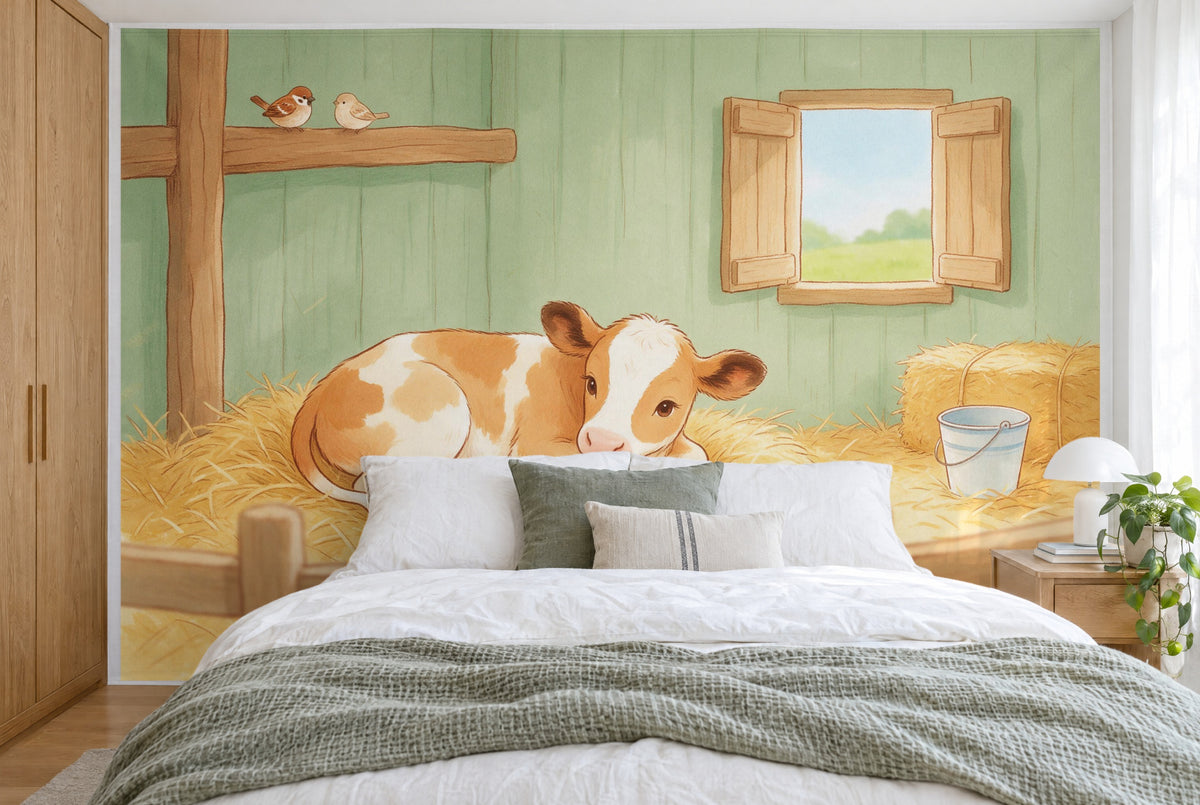 XXL printed fabric: calf in the straw in the center, barn window and sparrows behind, filling the wall behind the bed